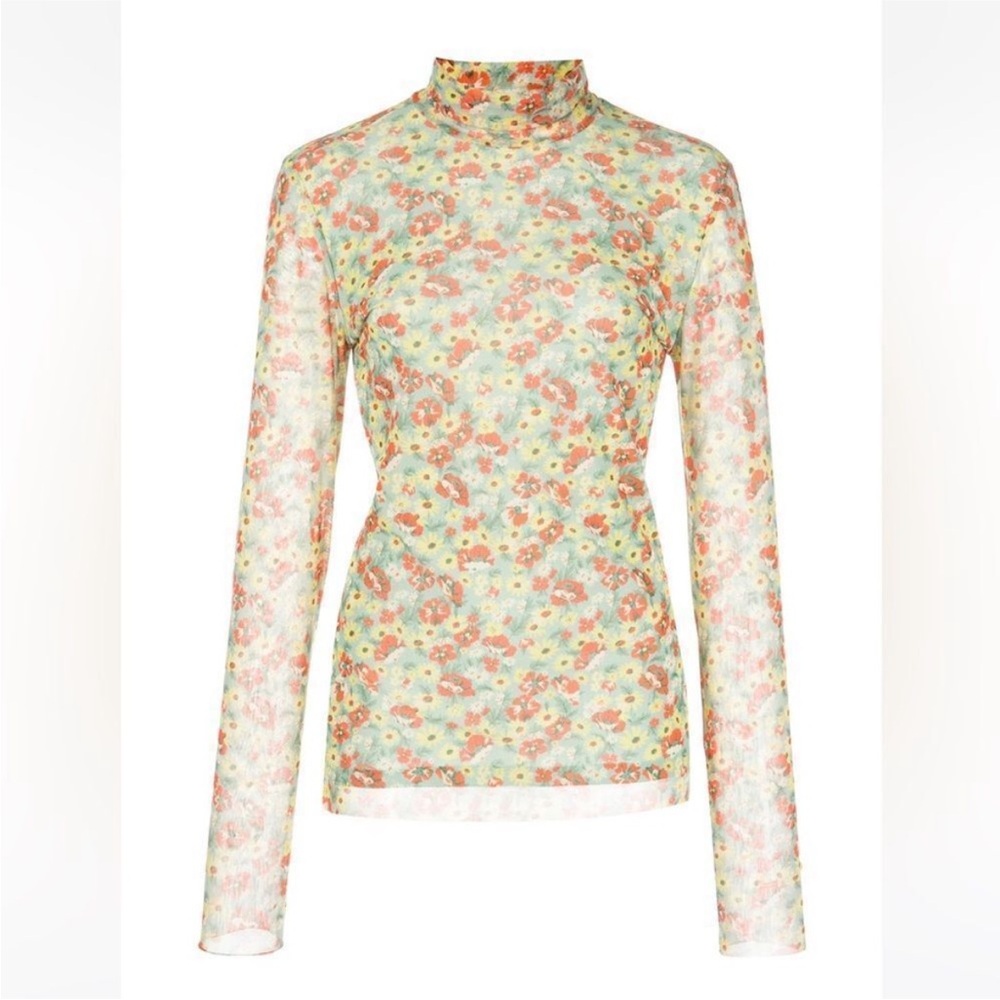 Ganni sheer mesh Floral Long Sleeve turtleneck Women's Top